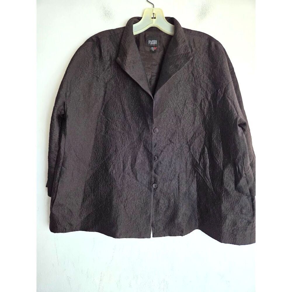 Eileen Fisher Chocalate Brown 100% Silk Crepe 3 Button Blazer size Petite Large